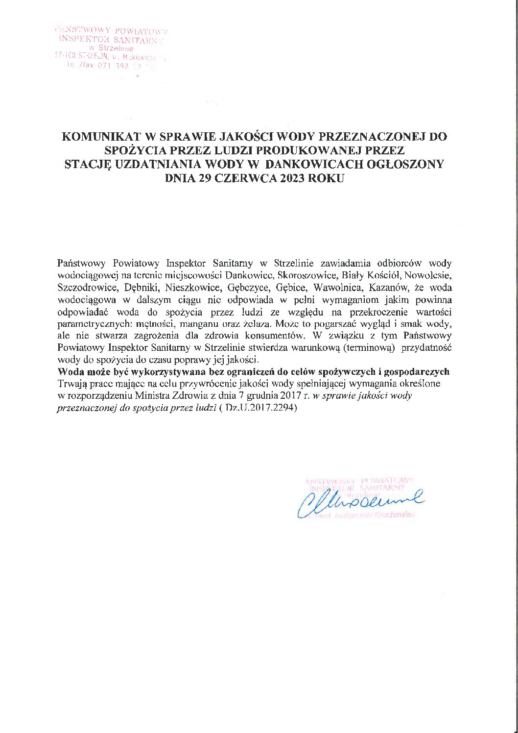 Komunikat w sprawie jakości wody przeznaczonej do spożycia przez ludzi produkowanej przez stację uzdatniania wody w Dankowicach ogłoszony dnia 29 czerwca 2023 roku
