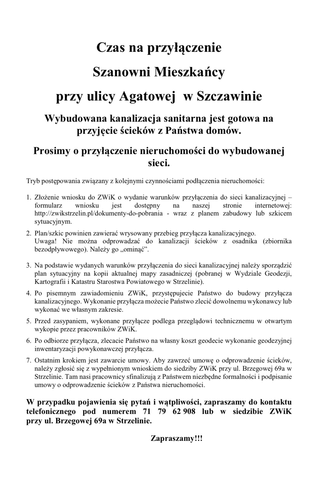 Informacja dla mieszkańców zamieszkałych w Szczawinie przy ulicy Agatowej.